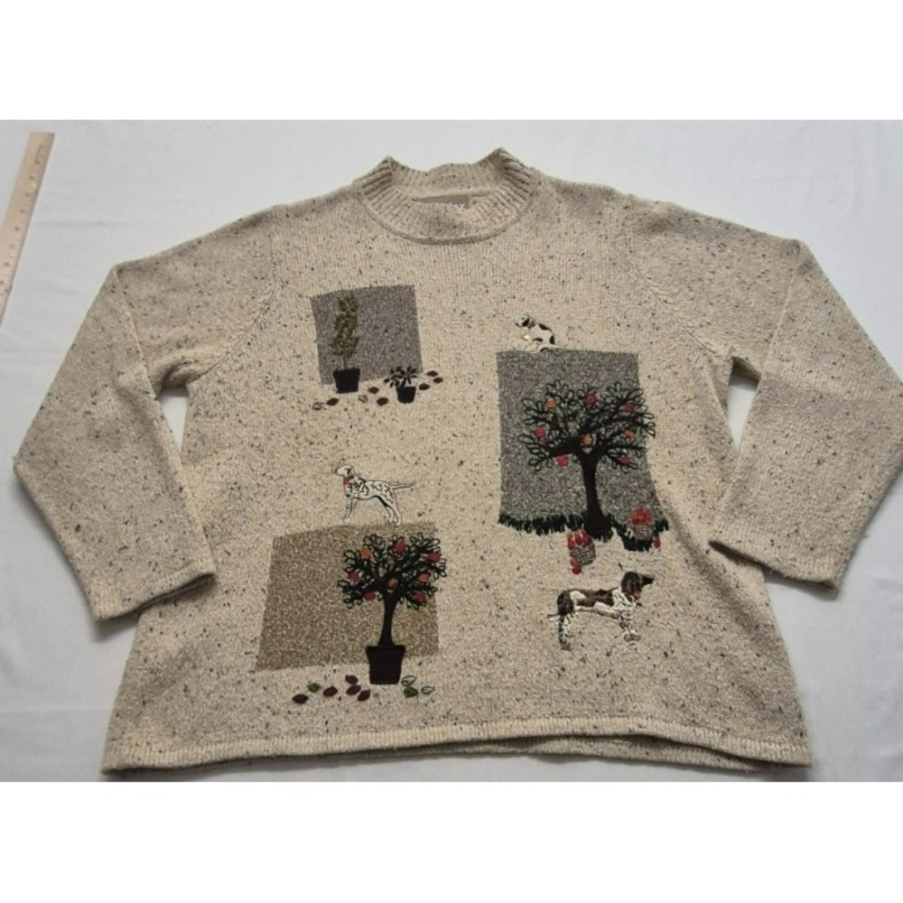TanJay women's tan tight knit fall theme sweater‎ mock neck sz. LG
